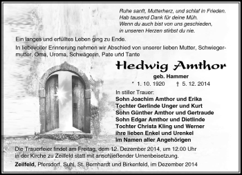 Traueranzeige von Hedwig Amthor von Südthüringer Presse