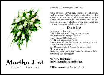 Traueranzeige von Martha List von Südthüringer Presse