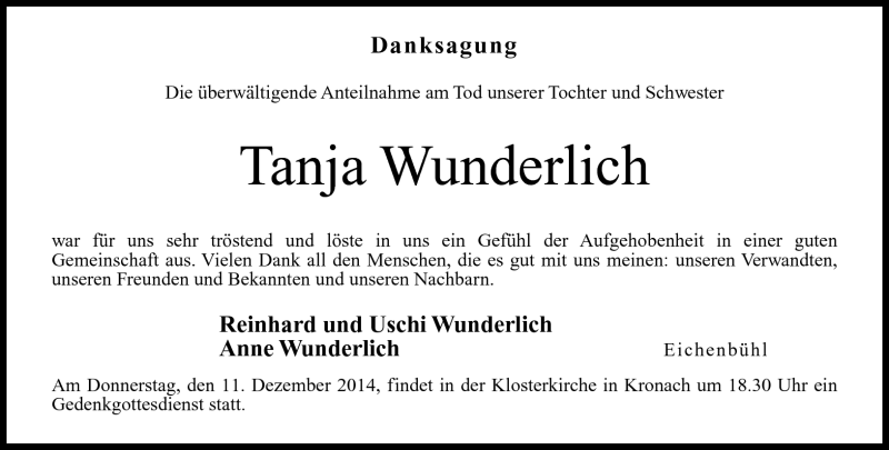  Traueranzeige für Tanja Wunderlich vom 09.12.2014 aus Neue Presse Coburg