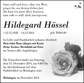 Traueranzeige von Hildegard Hössel von Südthüringer Presse