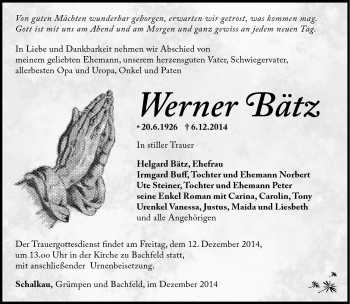 Traueranzeige von Werner Bätz von Südthüringer Presse