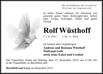 Traueranzeige von Rolf Wüsthoff von Südthüringer Presse