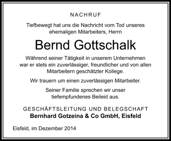 Traueranzeige von Bernd Gottschalk von Südthüringer Presse