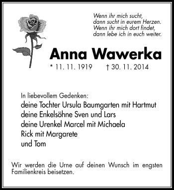 Traueranzeige von Anna Wawerka von Südthüringer Presse