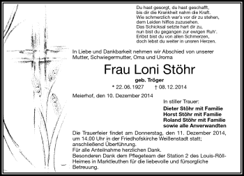 Traueranzeige von Loni Stöhr von Frankenpost