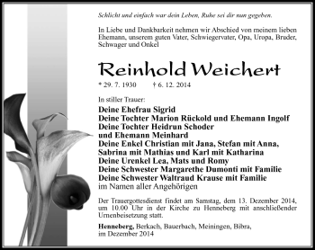 Traueranzeige von Reinhold Weichert von Südthüringer Presse