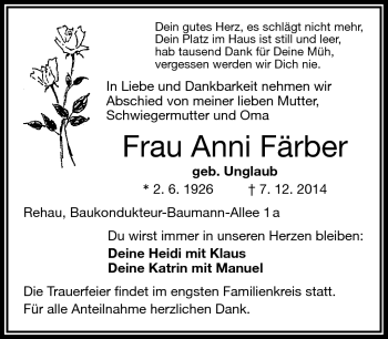 Traueranzeige von Anni Färber von Frankenpost