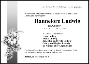 Traueranzeige von Hannelore Ludwig von Südthüringer Presse