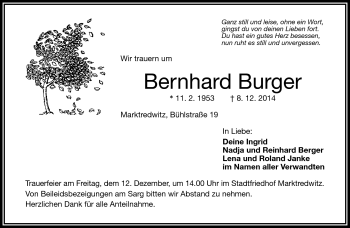 Traueranzeige von Bernhard Burger von Frankenpost