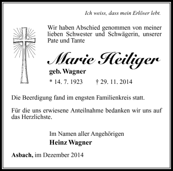 Traueranzeige von Marie Heiliger von Südthüringer Presse