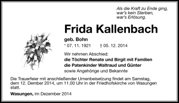 Traueranzeige von Frida Kallenbach von Südthüringer Presse