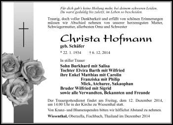 Traueranzeige von Christa Hofmann von Südthüringer Presse
