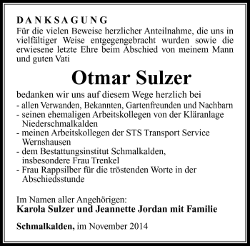 Traueranzeige von Otmar Sulzer von Südthüringer Presse