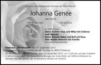 Traueranzeige von Johanna Genèe von Neue Presse Coburg