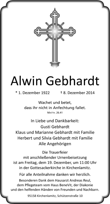 Traueranzeige von Alwin Gebhardt von Frankenpost