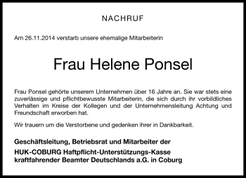 Traueranzeige von Helene Ponsel von Neue Presse Coburg