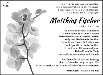 Traueranzeige von Matthias Fischer von Südthüringer Presse