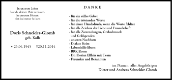 Traueranzeige von Doris Schneider-Glomb von Neue Presse Coburg