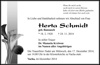 Traueranzeige von Herta Schmidt von Südthüringer Presse