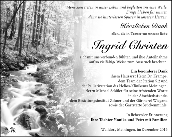 Traueranzeige von Ingrid Christen von Südthüringer Presse