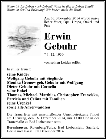 Traueranzeige von Erwin Gebuhr von Südthüringer Presse