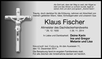 Traueranzeige von Klaus Fischer von Neue Presse Coburg