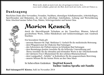 Traueranzeige von Marion Keusch von Südthüringer Presse