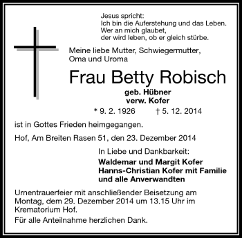 Traueranzeige von Betty Robisch von Frankenpost