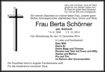 Traueranzeige von Berta Schörner von Frankenpost