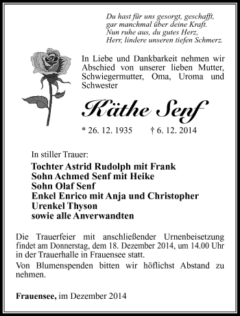 Traueranzeige von Käthe Senf von Südthüringer Presse