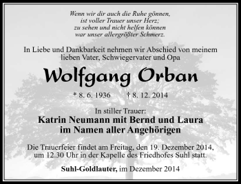Traueranzeige von Wolfgang Orban von Südthüringer Presse