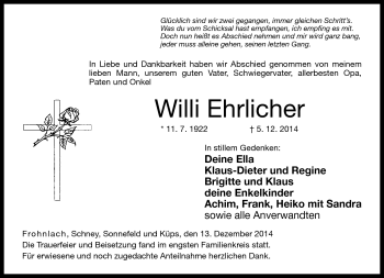 Traueranzeige von Willi Ehrlicher von Neue Presse Coburg