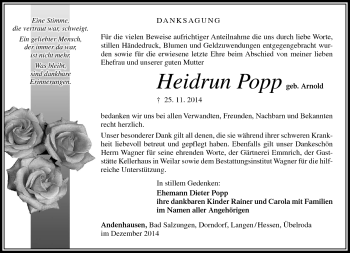 Traueranzeige von Heidrun Popp von Südthüringer Presse