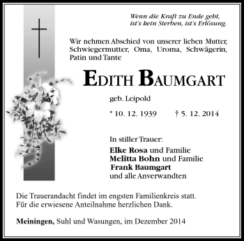 Traueranzeige von Edith Baumgart von Südthüringer Presse