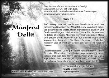 Traueranzeige von Manfred Dellit von Südthüringer Presse