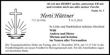 Traueranzeige von Herti Hüttner von Frankenpost