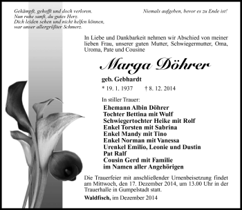 Traueranzeige von Marga Döhrer von Südthüringer Presse