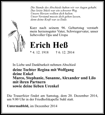 Traueranzeige von Erich Heß von Südthüringer Presse