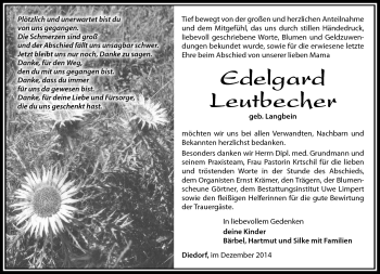 Traueranzeige von Edelgard Leutbecher von Südthüringer Presse