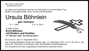 Traueranzeige von Ursula Böhnlein von Neue Presse Coburg