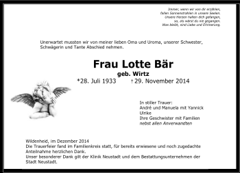 Traueranzeige von Lotte Bär von Neue Presse Coburg