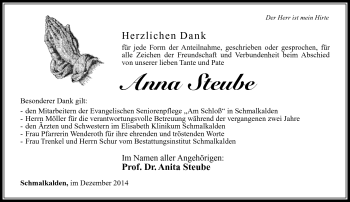 Traueranzeige von Anna Steube von Südthüringer Presse