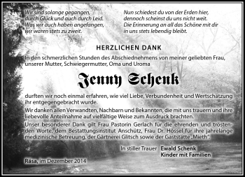 Traueranzeige von Jenny Schenk von Südthüringer Presse