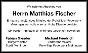 Traueranzeige von Matthias Fischer von Südthüringer Presse