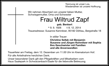 Traueranzeige von Wiltrud Zapf von Frankenpost