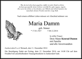 Traueranzeige von Maria Damm von Neue Presse Coburg