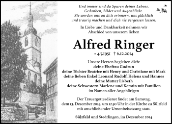 Traueranzeige von Alfred Ringer von Südthüringer Presse