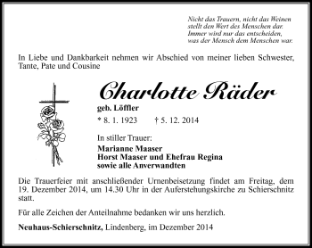 Traueranzeige von Charlotte Räder von Südthüringer Presse