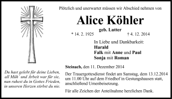 Traueranzeige von Alice Köhler von Neue Presse Coburg