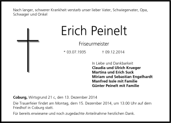 Traueranzeige von Erich Peinelt von Neue Presse Coburg